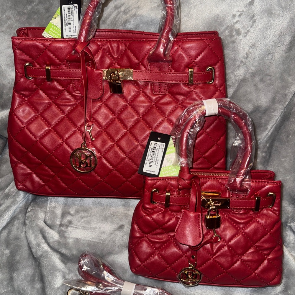 Elegant Brick Red Quilted Women's Handbag 3pc Set